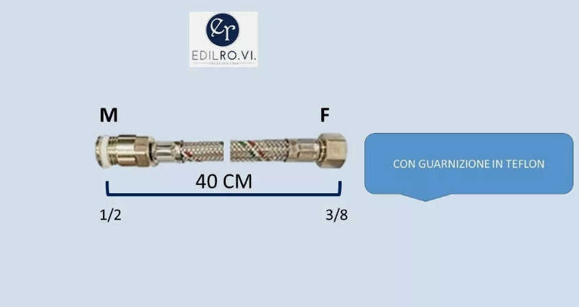 FLESSIBILE TRECCIA ACCIAIO INOX ACQUA RACCORDI IN OTTONE 1/2 3/8 M10 MF FF