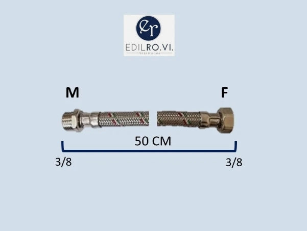 FLESSIBILE TRECCIA ACCIAIO INOX ACQUA RACCORDI IN OTTONE 1/2 3/8 M10 MF FF