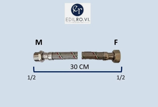 FLESSIBILE TRECCIA ACCIAIO INOX ACQUA RACCORDI IN OTTONE 1/2 3/8 M10 MF FF