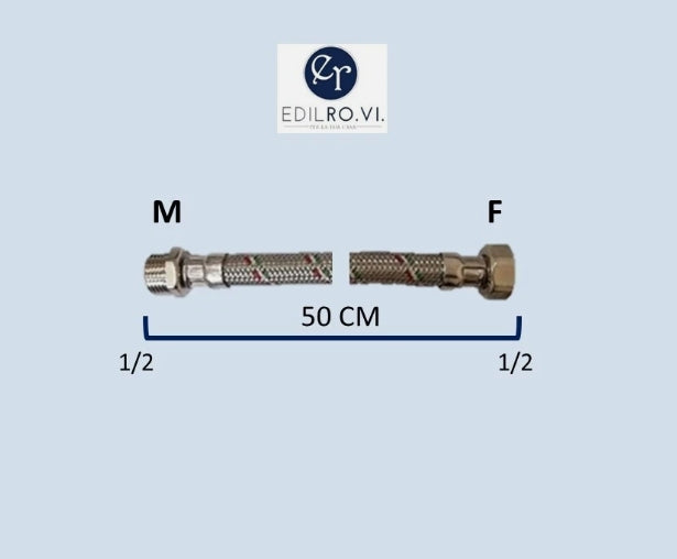 FLESSIBILE TRECCIA ACCIAIO INOX ACQUA RACCORDI IN OTTONE 1/2 3/8 M10 MF FF
