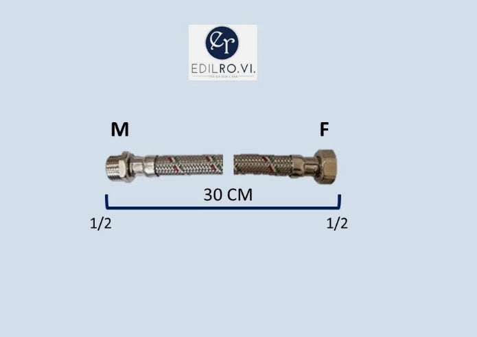 FLESSIBILE TRECCIA ACCIAIO INOX ACQUA RACCORDI IN OTTONE 1/2 3/8 M10 MF FF