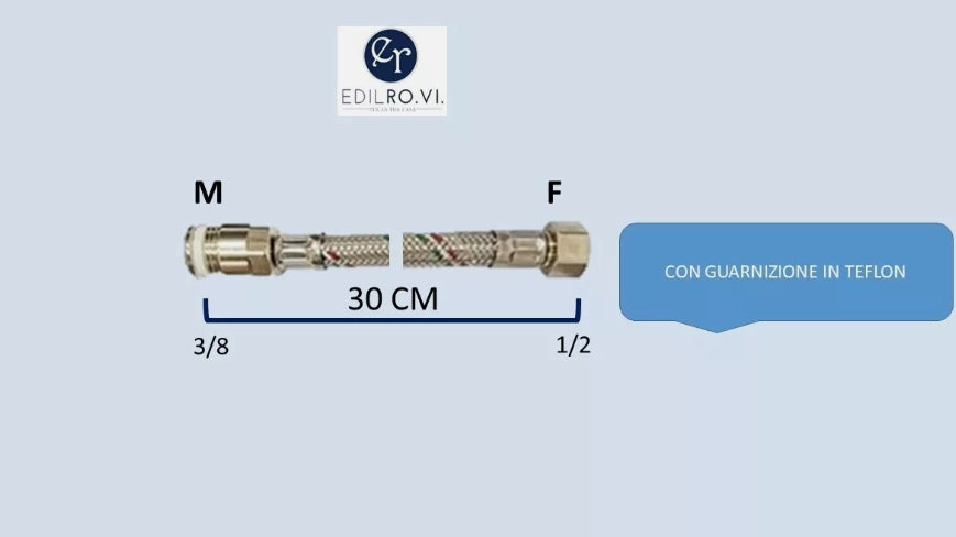 FLESSIBILE TRECCIA ACCIAIO INOX ACQUA RACCORDI IN OTTONE 1/2 3/8 M10 MF FF