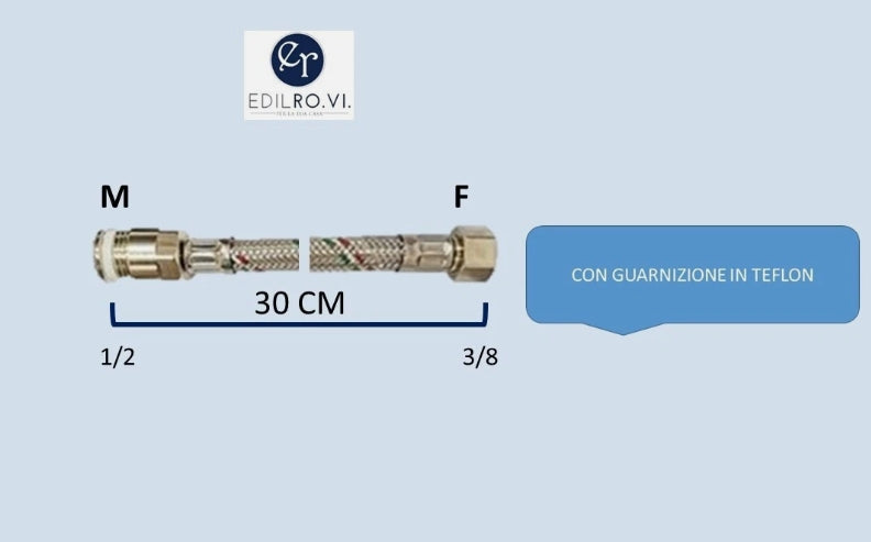 FLESSIBILE TRECCIA ACCIAIO INOX ACQUA RACCORDI IN OTTONE 1/2 3/8 M10 MF FF