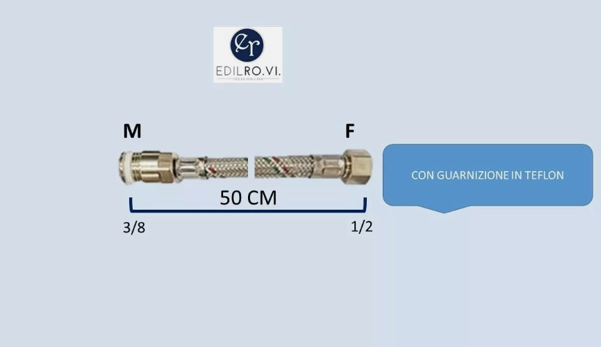 FLESSIBILE TRECCIA ACCIAIO INOX ACQUA RACCORDI IN OTTONE 1/2 3/8 M10 MF FF