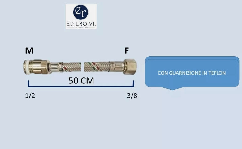 FLESSIBILE TRECCIA ACCIAIO INOX ACQUA RACCORDI IN OTTONE 1/2 3/8 M10 MF FF