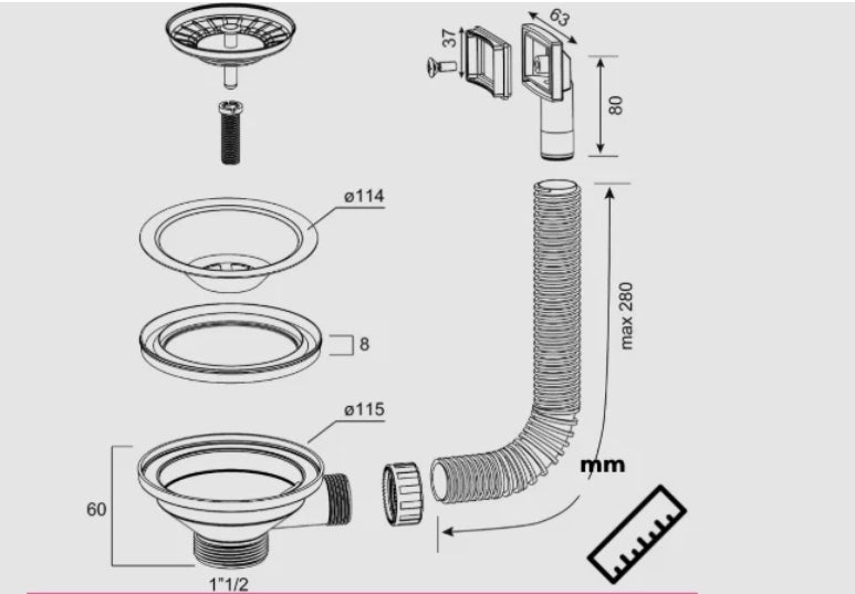 Piletta Lavello Cucina foro Ø 90 BASKET 1"1/2 pilettone con o senza troppo pieno