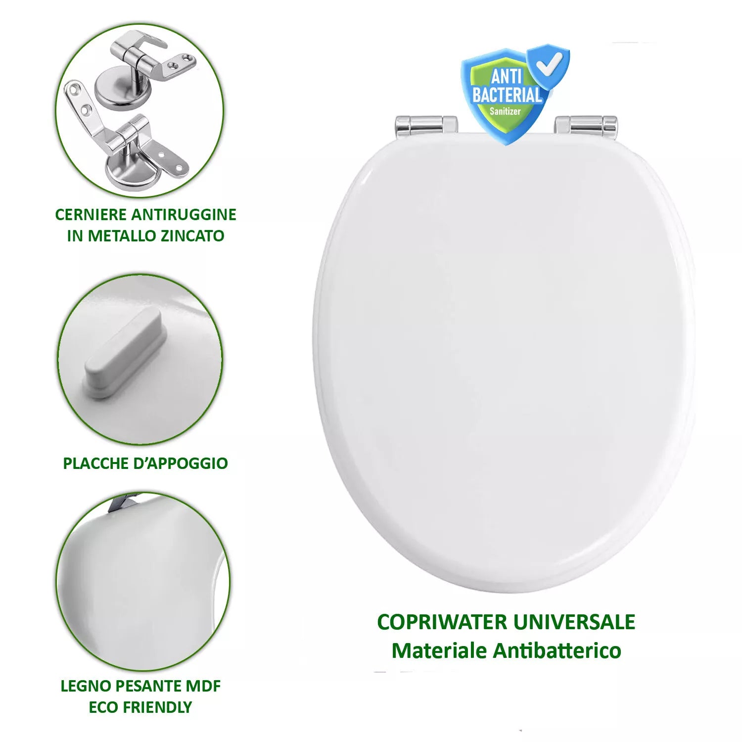 Sedile Wc Copri Water MDF Legno Tavoletta Vaso Universale Bianco Pesante Bagno