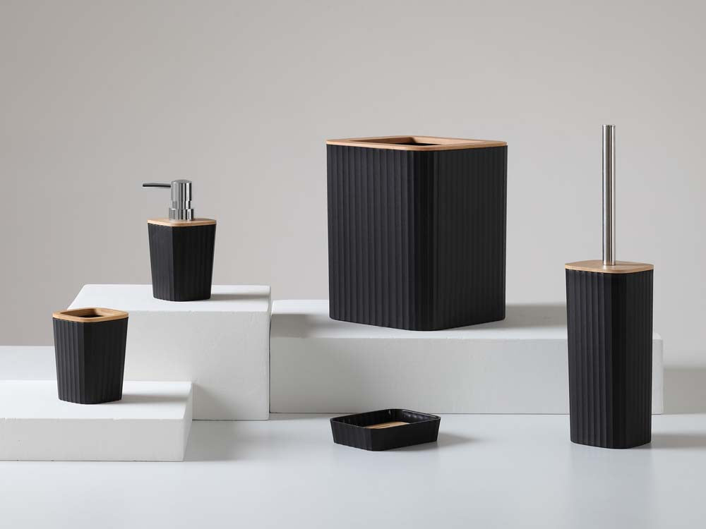 Set Bagno Accessori Completo - 5 Pezzi, in Plastica Liscia Con Dettagli Nero